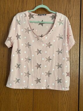 Pink Star Print V-Neck Top